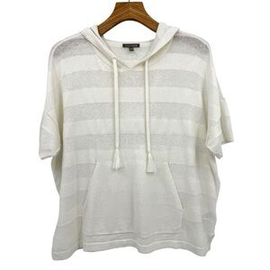 Lilla P Relaxed Linen Lightweight Hooded Short Sleeve Kangaroo Sweater White L